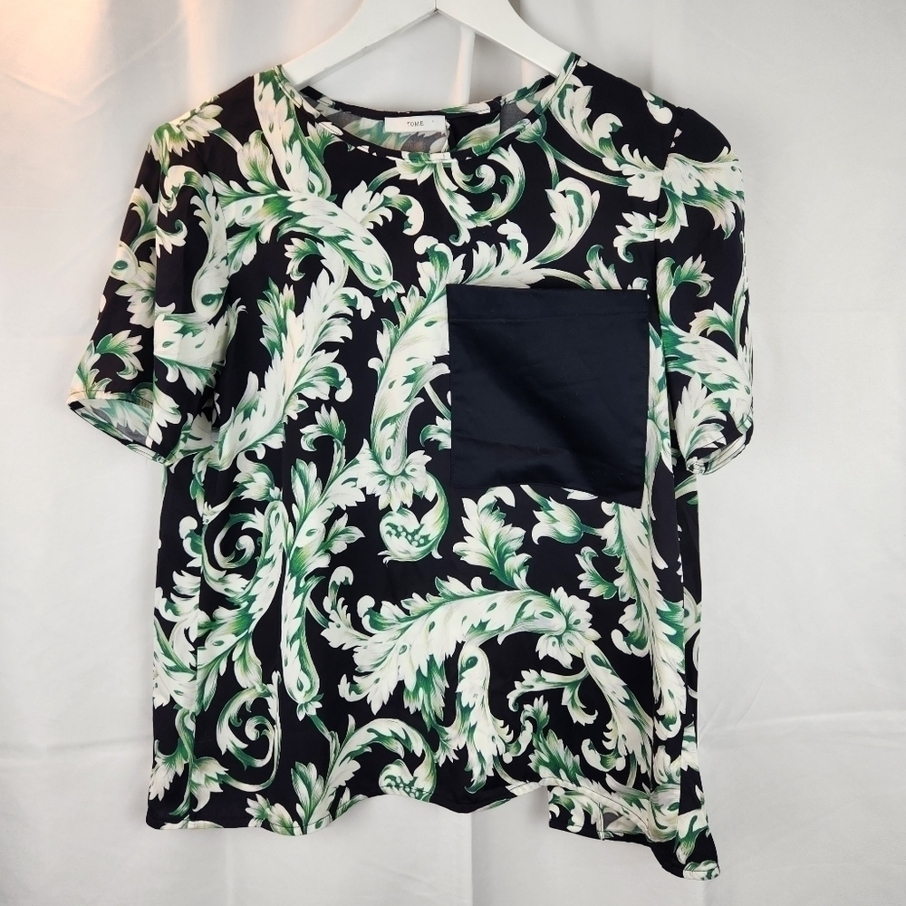 Tome Black Green Silk Leaf Print Open Back Top S in VGUC
